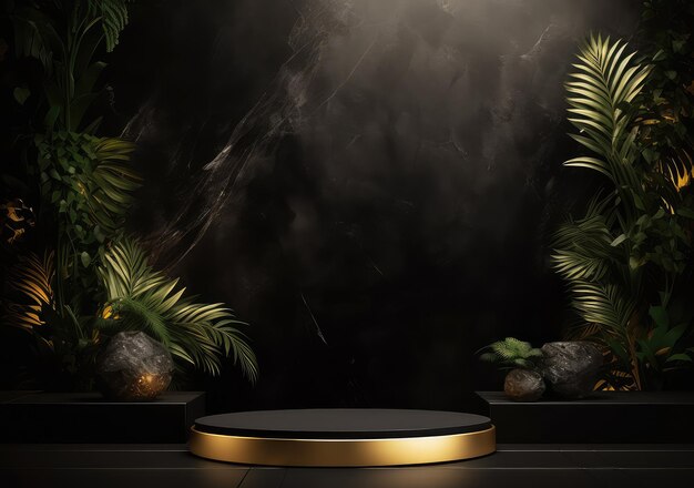 Luxe zwarte en gouden ronde podium en verticale gouden strepen achtergrond Abstracte 3D-vorm voor het weergeven van reclameproducten Minimale scène studio kamer AI Generatieve