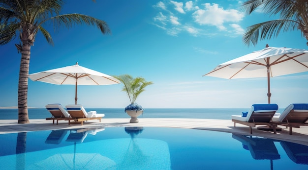 Luxe zwembad en ligstoelen parasols in de buurt van strand en zee met palmbomen