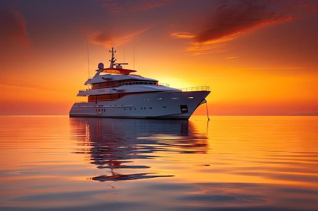 Luxejacht omgeven door een vredige zonsondergang met oranje en rode kleuren die reflecteren op het water