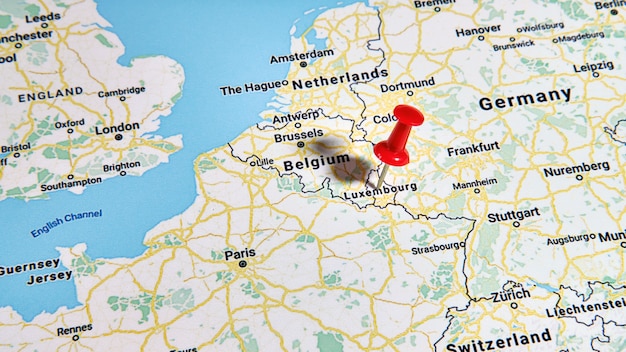 Luxembourg on a map showing a colored pin