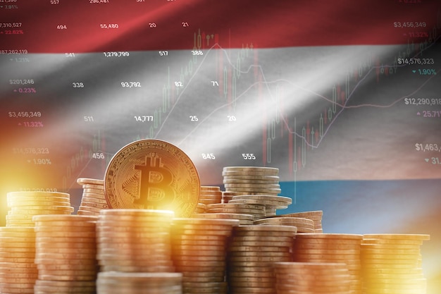 Luxemburgse vlag en grote hoeveelheid gouden bitcoin-munten en handelsplatformgrafiek Crypto-valuta