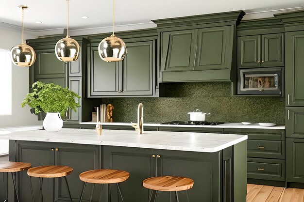 Premium AI Image  Kitchen decor interior design and house improvement  bespoke sage green English in frame kitchen cabinets countertop and  appliance in a country house elegant cottage style idea