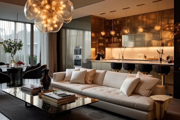 Luxueuze moderne woonkamer met zachte verlichting, stijlvolle meubels en luxe inrichting.