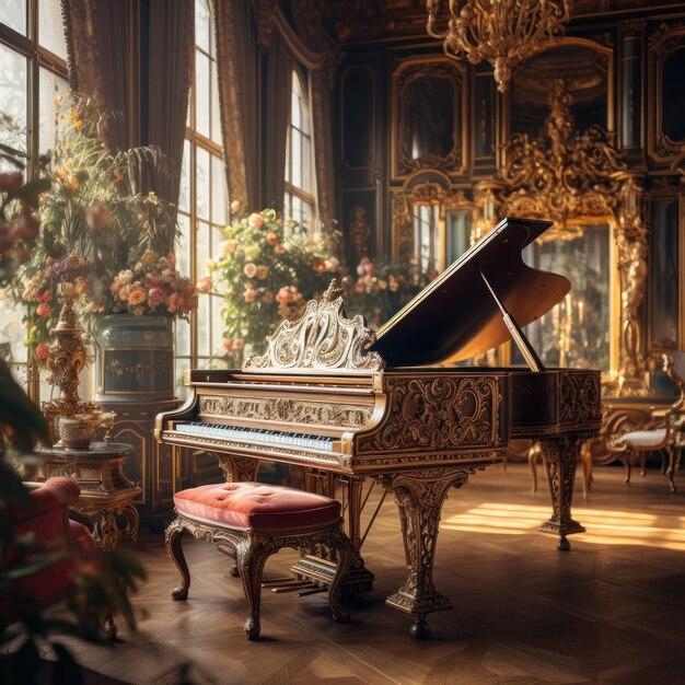 Luxueuze vleugelpiano in een kamer met bloemen en hoge ramen Koninklijk paleis vazen met bloemetjes en kr