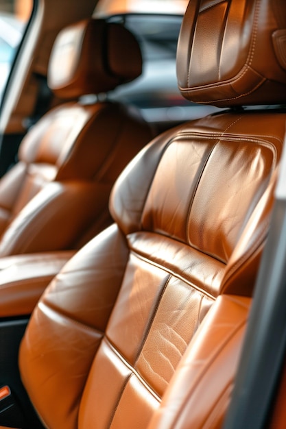 Luxurieuze voorkant van bruine leren achterpassagiersstoelen in een moderne stijlvolle luxe auto
