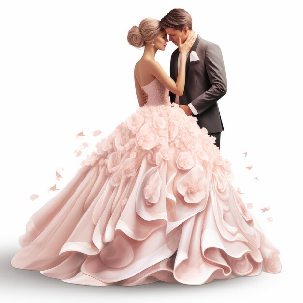 Photo luxurious 3d rendering of bride and groom in light pink wedding dress