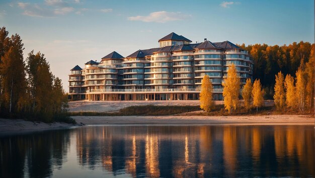 Photo a luxurious 5star hotel on the flat shore of the volga river surrounded by birch forests