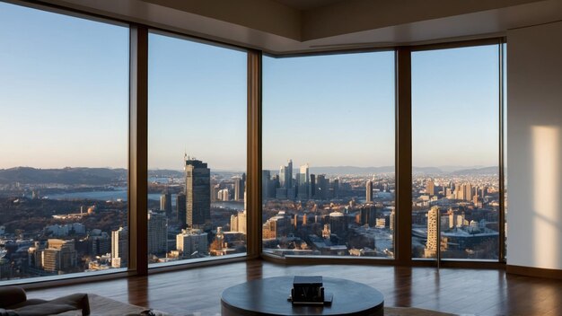 Photo luxurious apartment interior with stunning city skyline at sunset