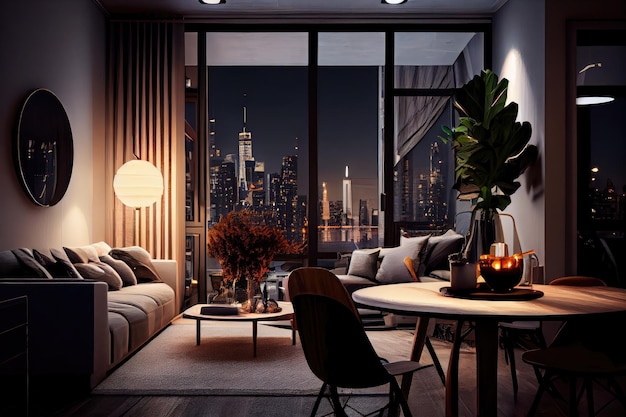 Luxurious apartment with view of bright city lights and bustling streets