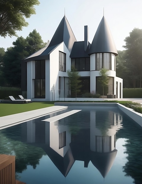 Luxurious architecture style of a housecastle with pool for creation and design