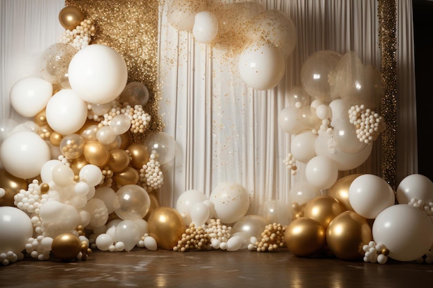 Luxurious backdrop curtain with balloons arrangements and decor Photowall decoration for celebrate