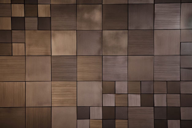 Luxurious background of an unusual wooden wall. Many square shapes of various sizes are connected together like mosaic. Concept of stylish interior design, website. Copy space