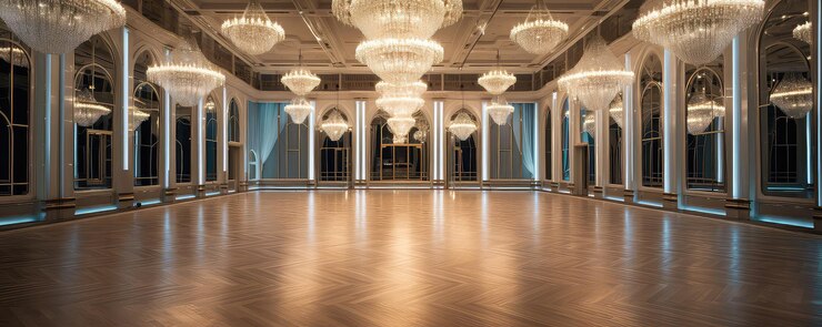 Photo luxurious ballroom venue adorned with sparkling crystal chandeliers setting the stage for grand eve