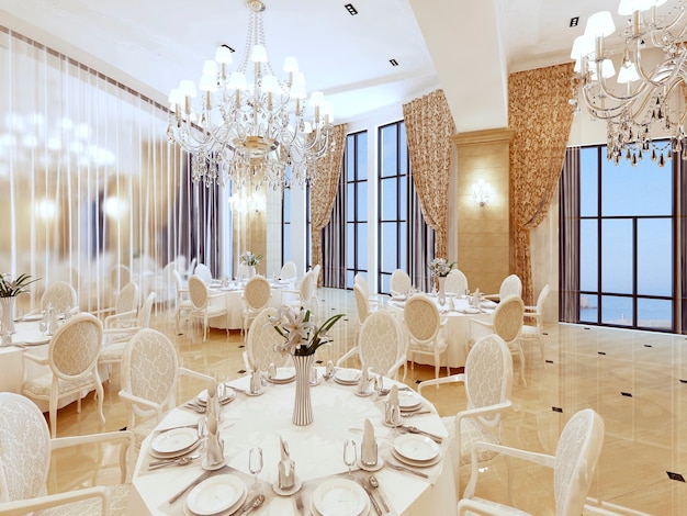 Luxurious ballroom, with white tables and large curtained Windows. 3D render.