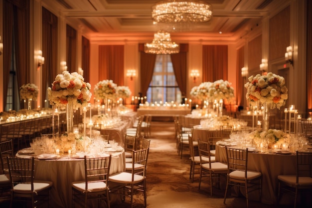 A luxurious banquet hall with elegant tables chairs and sparkling chandeliers Generative AI