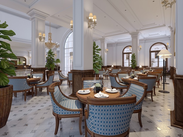 Bar lussuoso con tavoli e sedie negli interni classici di un hotel a cinque stelle. rendering 3d.