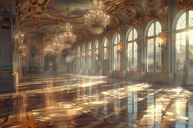 Luxurious Baroque Ballroom With Golden Chandeliers In Sunlight