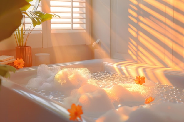 Foto una lussuosa vasca da bagno piena di bolle e decorata con fiori arancione vivaci perfetta per spa e concetti di relax