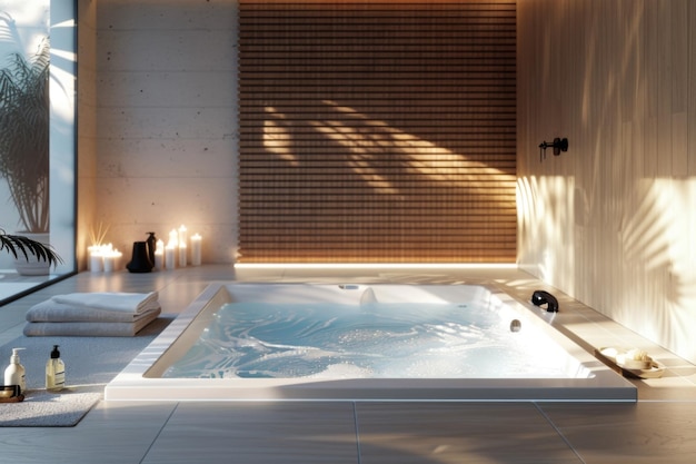 Luxurious bathroom features a large jacuzzi tub in the center