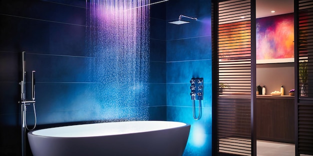 Роскошная ванная комната с глубокой ванной и тропическим душем, окруженная стеной из ниспадающей воды, создающей драматическую и бодрящую атмосферу.