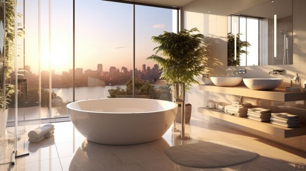 Роскошная ванная с ванной в современном доме