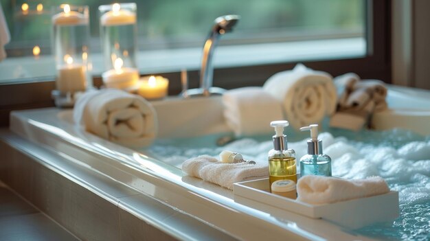 A luxurious bathroom with a large inviting tub and a tray of massage oils and lotions set up on the