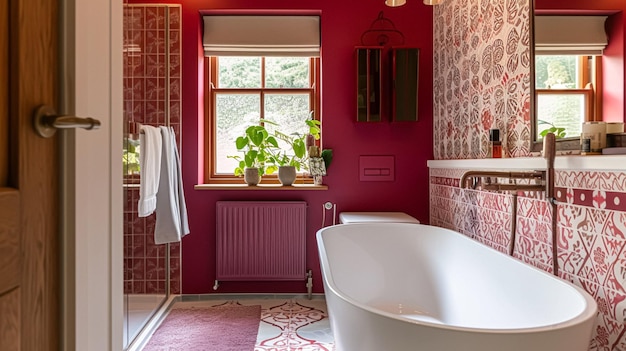 Luxurious bathroom with marble details and burgundy accents interior design and home decor