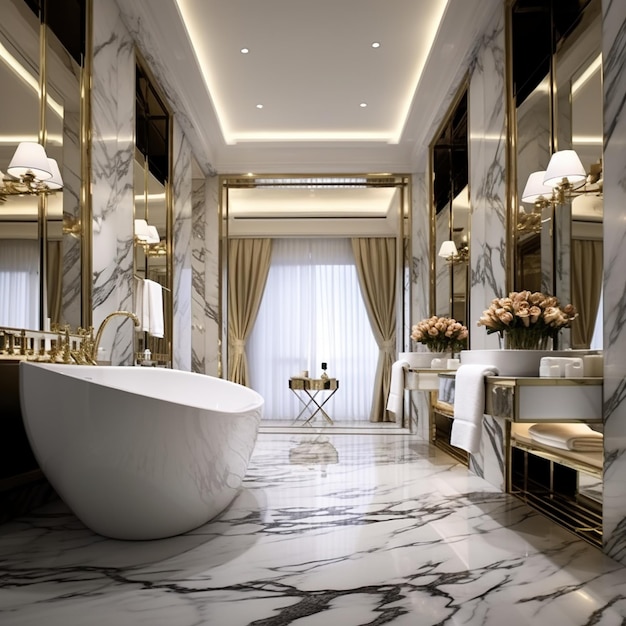 Роскошная ванная комната с мраморными стенами и золотыми светильниками