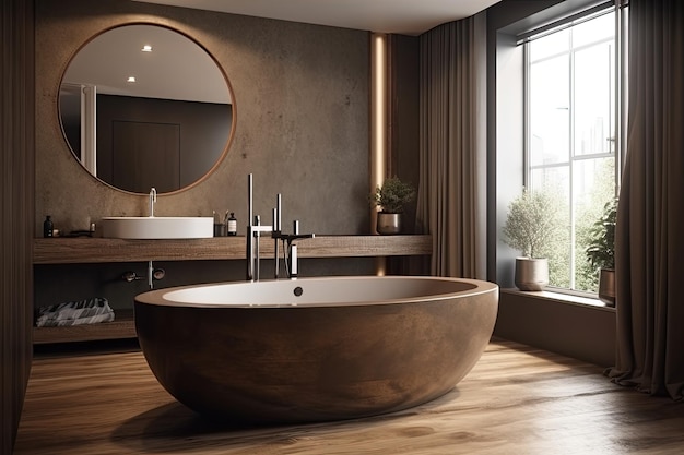 Luxurious bathroom with a spacious bathtub and a circular mirror Generative AI