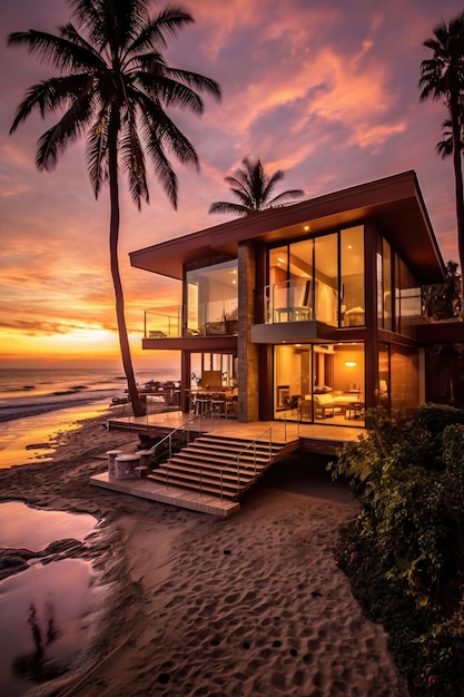 Luxurious beachfront property at sunset created with generative ai