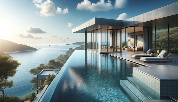 Luxurious beachfront villa with infinity pool overlooking the ocean summer vacation background