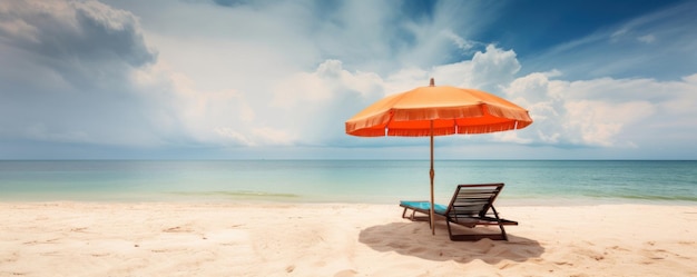 A luxurious beachside paradise beach chairs and an umbrella on a white sand beach with crystalclear blue waters and a cloudy sky Perfect for travel and resort concepts AI Generative