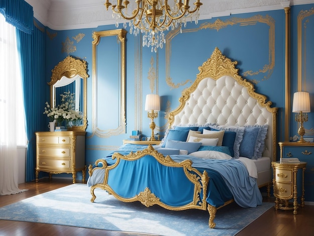 A luxurious bedroom in a classic style with gold elements Generative Ai