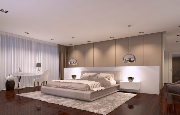 Роскошная спальня в современном стиле с вечерним светом. 3D рендеринг
