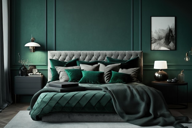 A luxurious bedroom in green and gray perhaps in a house or a hotel with a large bed in the middle Blank wall in emerald dark green linen sheets Picture or wallpaper background that is completely