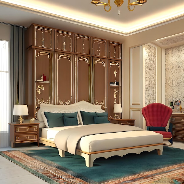 luxurious bedroom interior with beautiful bedcupboard and carpet