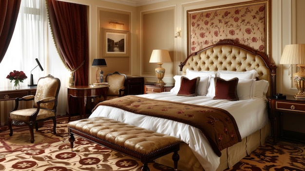 Photo a luxurious bedroom suite in a fivestar hotel featuring plush furnishings and opulent decor for a lavish retreat