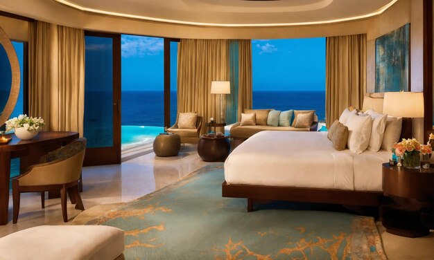 A luxurious bedroom suite overlooking the vast ocean with plush bedding stylish furniture