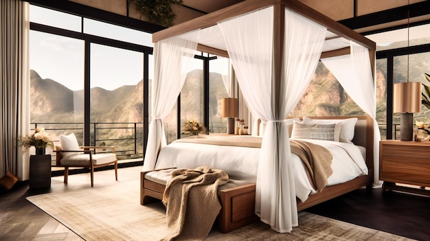 A luxurious bedroom suite with a breathtaking view of a mountain range and a starry sky offering a peaceful and romantic summer sanctuary