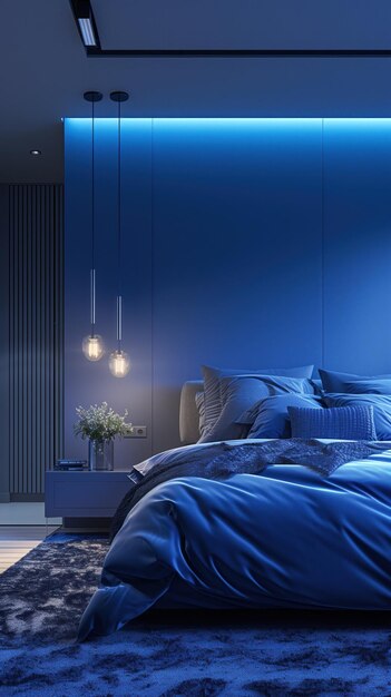 Luxurious bedroom with blue tones and modern lighting