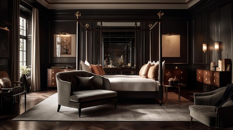 Photo a luxurious bedroom with a fourposter bed and a chaise lounge ai generated