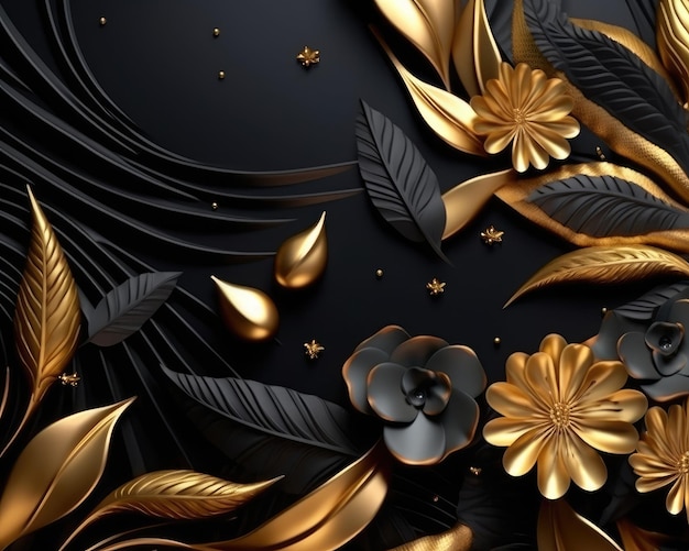 A luxurious black and gold 3D background with floral shapes Illustration Generative AI