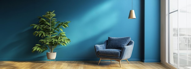 Luxurious Blue Living Room Interior Featuring Cozy Armchair in Stunning 3D Rendering