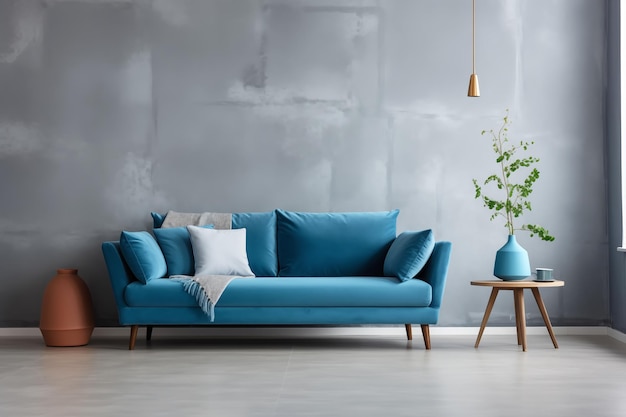 Роскошный синий бархатный диван в современном жилом пространстве на пустом бетонном фоне стены