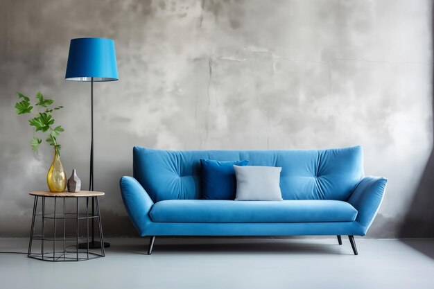 Photo luxurious blue velvet sofa in modern living space on empty concrete wall background