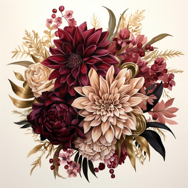 A luxurious bouquet adorned with deep burgundy dahlias soft pink peonies and hints of gold