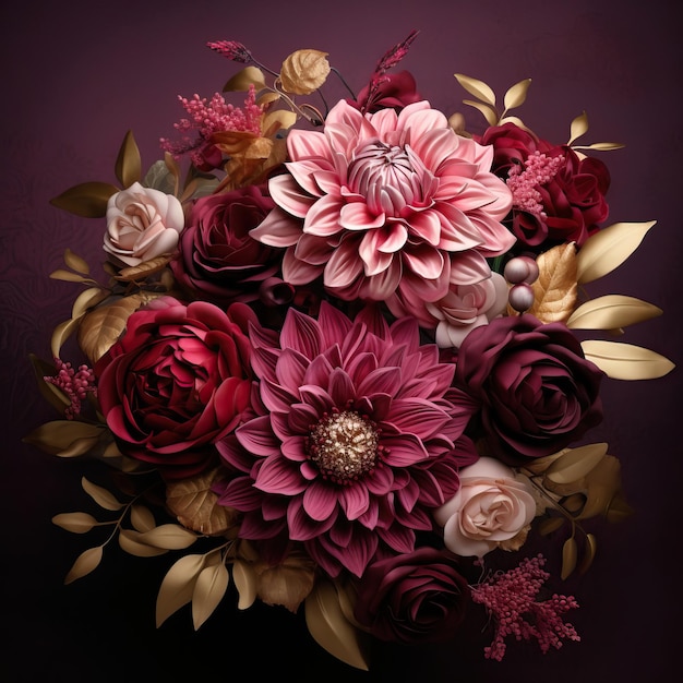 A luxurious bouquet adorned with deep burgundy dahlias soft pink peonies and hints of gold