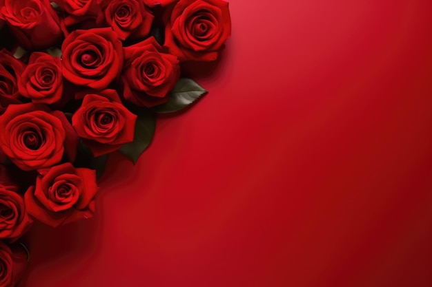 A luxurious bouquet of vivid red roses with velvety petals arranged on a matching red backdrop