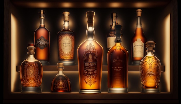 A luxurious bourbon shelf filled with rare vintage bottles each with a unique label AI Generated Image