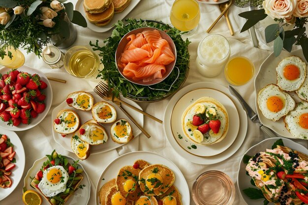 Photo a luxurious brunch spread with fluffy pancakes smo generative ai